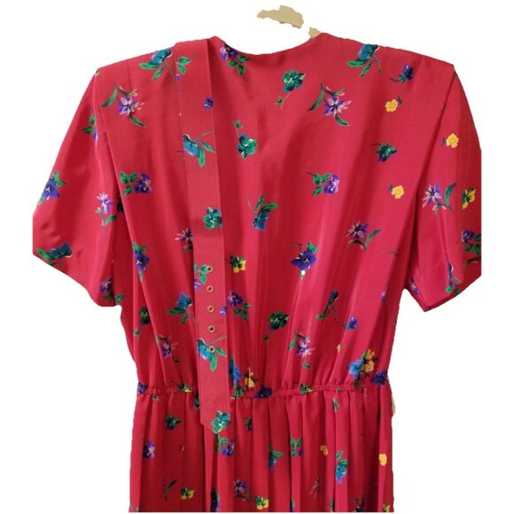 Leslie Fay Petite Vtg Red Purple Floral Belted Pleated Midi Dress Sz 10 Modest - Picture 3 of 10